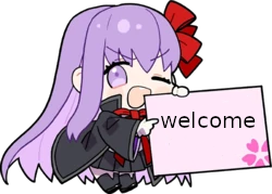 BB Chan from Fate grand order holding a sign that says Welcome